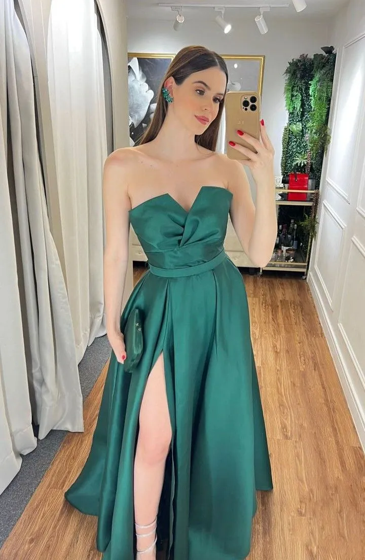 Diynav Green V Neck Satin Long Prom Dresses Formal Evening Dresses HZ1017