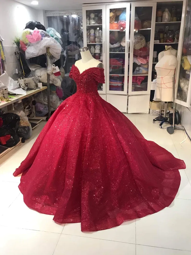 Diynav Off Shoulder Red Glitter Beading Ball Gown Sweet 16 Dress HZ1017