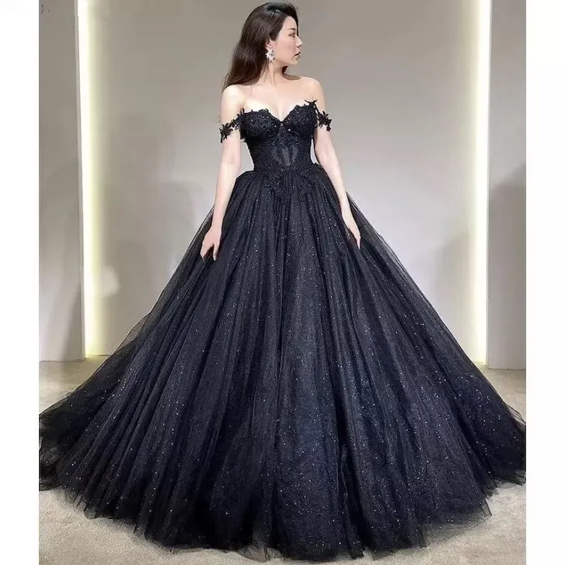 Diynav Applique Tulle Dress, Black Glitter Wedding Dress, 3D Flowers Long Evening Dress HZ1017