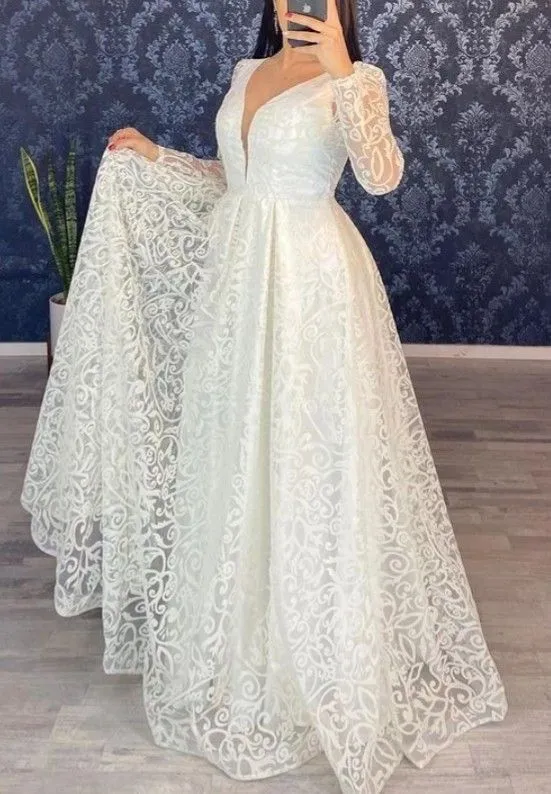 Diynav Sleeve A Line V Neck Lace Wedding Dress Bridal Gown HZ1017