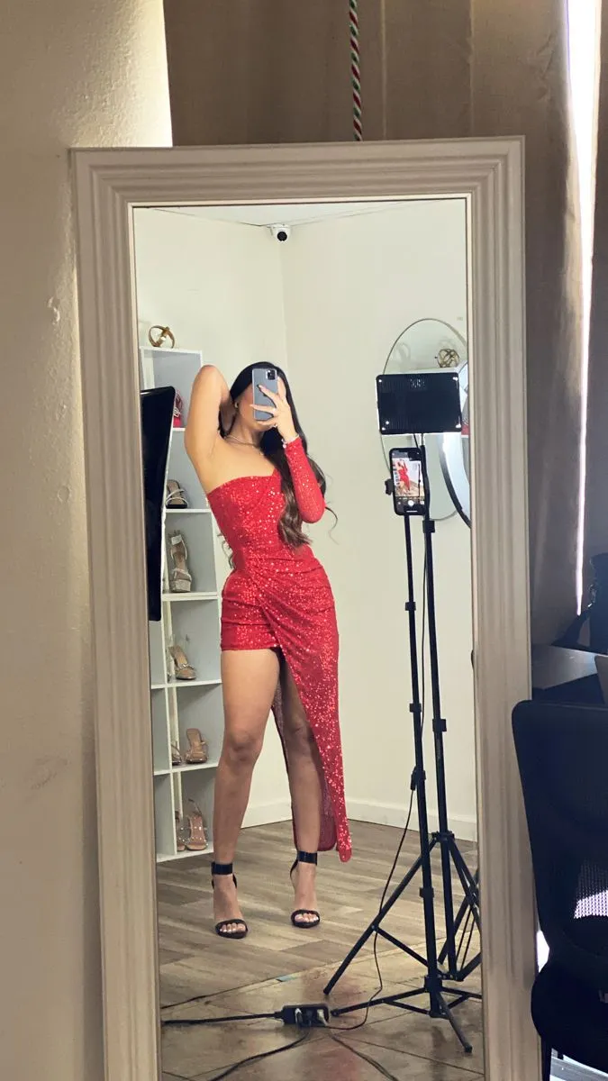 Diynav Red Sequin Irregular Hem Party Dress,Red Homecoming Dress HZ1017