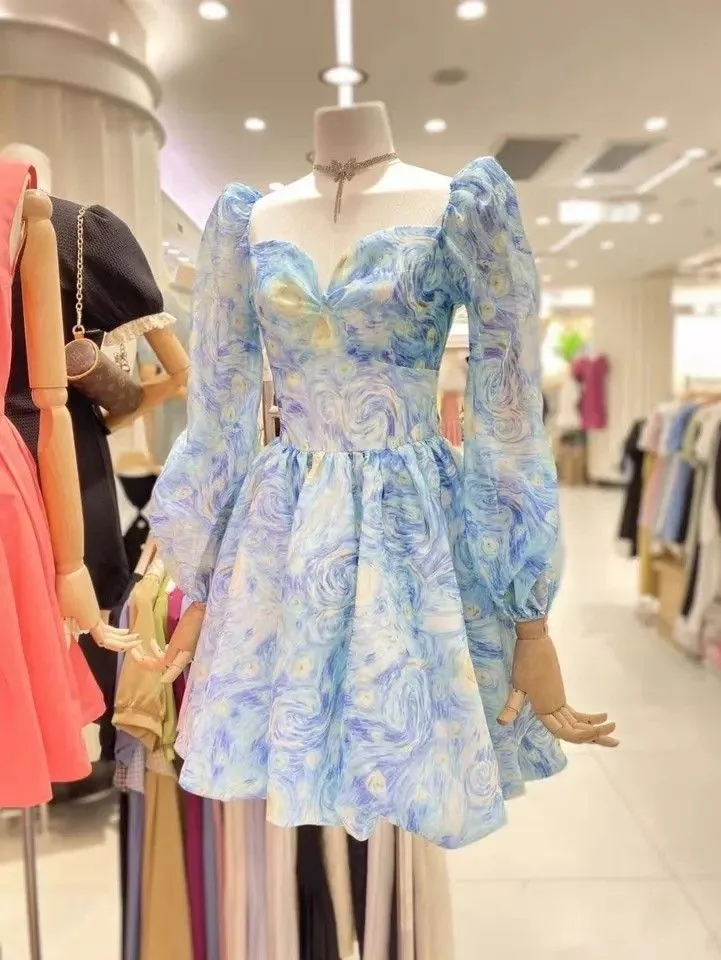 Diynav Print Homecoming Dress with Long Sleeves Party Dress HZ1017