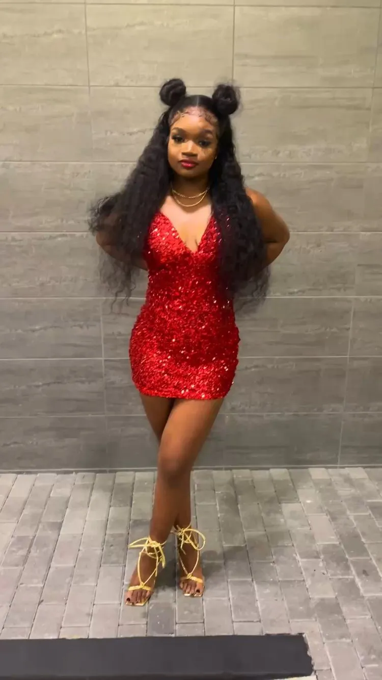 Diynav Birthday Outfit Red Sequins V Neck Homecoming Dress For Black Girls HZ1017
