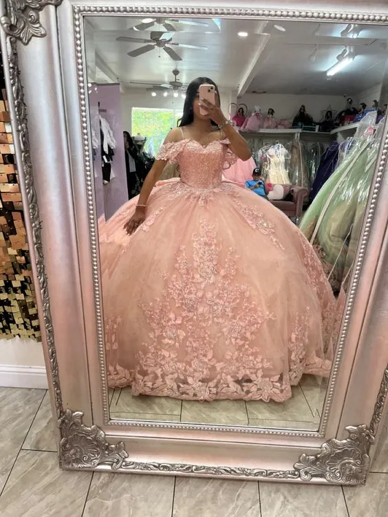 Diynav Pink Off The Shoulder Ball Gown,Pink Sweet 16 Dress HZ1017