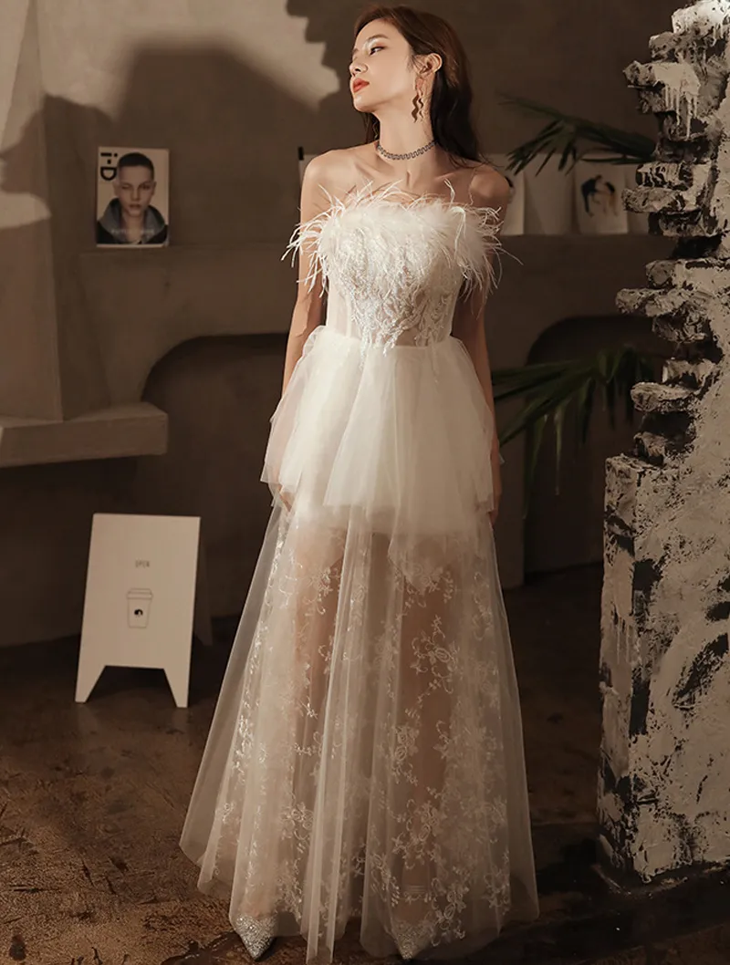 Diynav Retro Style Fashion Evening Sheer Party Dress,White Evening Dress HZ1017 - Image 3