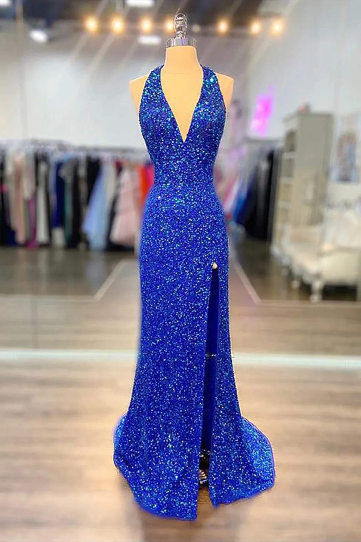 Diynav Neck Royal Blue Long Prom Dresses, Shiny Royal Blue Long Formal Evening Dresses HZ1017