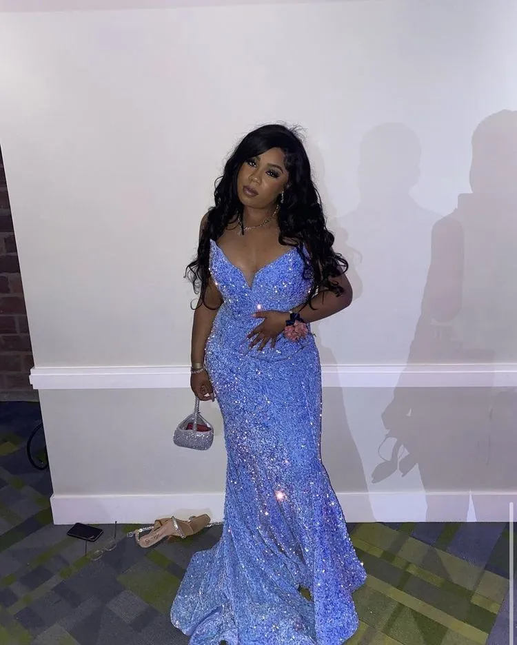 Diynav Blue Sequins Mermaid Evening Dress For Black Girls HZ1017