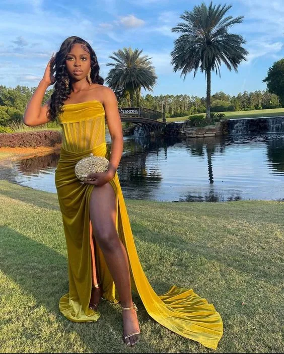 Diynav Draping Corset High Slit Velvet Gown Gold Evening Dress HZ1017