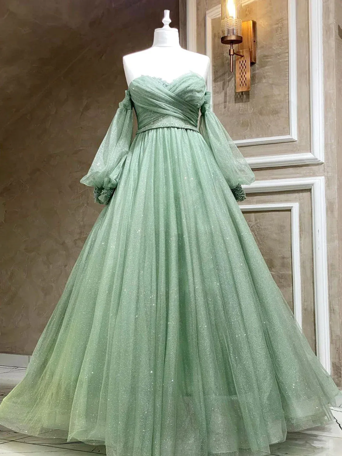 Diynav Sweetheart Neck Tulle Green Long Prom Dress, Green Formal Evening Dress HZ1017