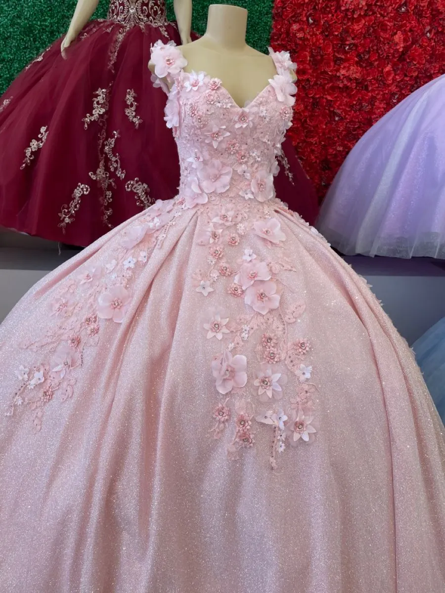 Diynav V Neck Pink Ball Gown with Floral Lace HZ1017