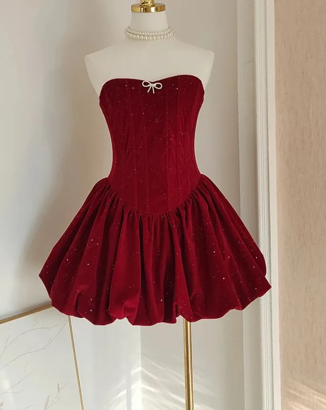 Diynav Burgundy Velvet Homecoming Dress Pleated Shiny Cocktail Dress HZ1017