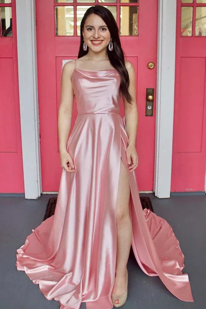 Diynav Pink Satin Long Prom Dress with High Slit, Long Pink Formal Graduation Evening Dress HZ1017