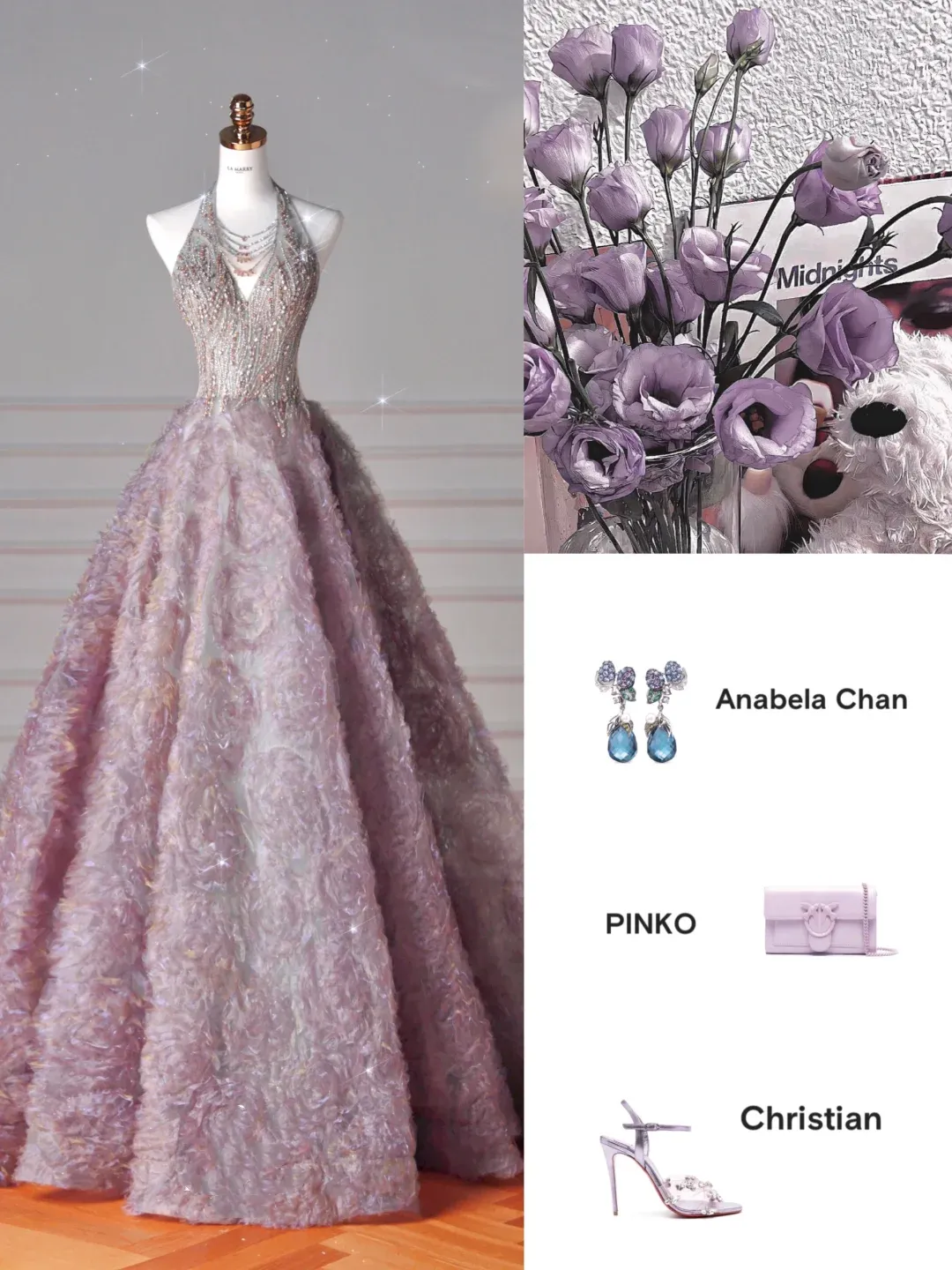 Diynav Halter Purple Tulle Flowers Beaded Prom Dress,A Line Evening Dress Wedding Dress HZ1017