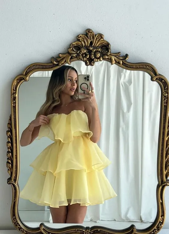 Diynav Yellow Tulle Short Prom Dress Homecoming Dress Party Dress HZ1017
