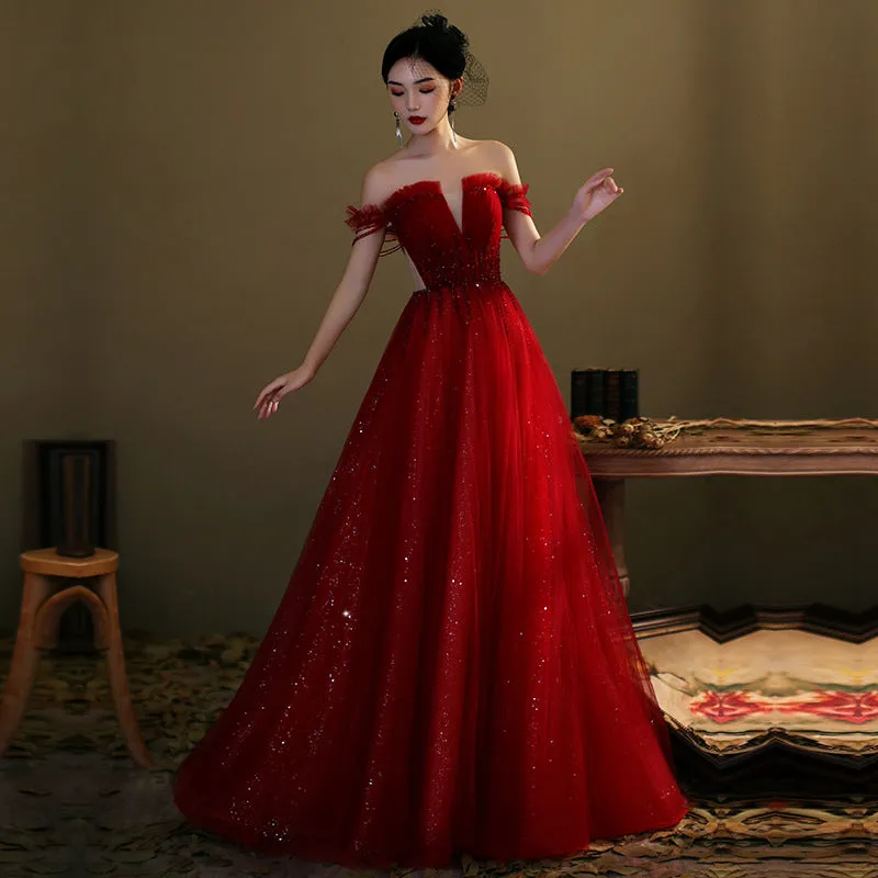 Diynav tulle sequins long prom dress red evening gown HZ1017