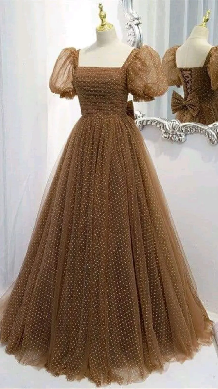 Diynav Prom Dress New Brown Evening Dress Elegant Collar Puff Sleeve A-line Floor-length Point Prom Formal Gowns HZ1017