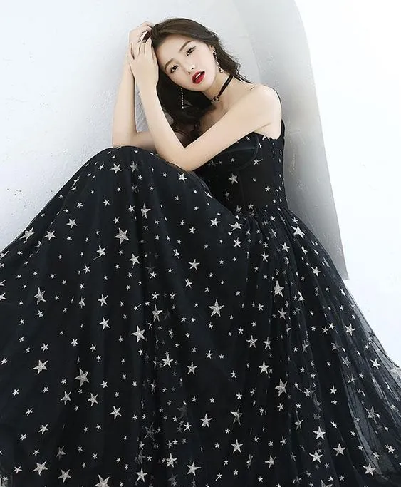 Diynav Black Sweetheart Tulle Long Party Dress, Chic Black Evening Dress Prom Dress HZ1017