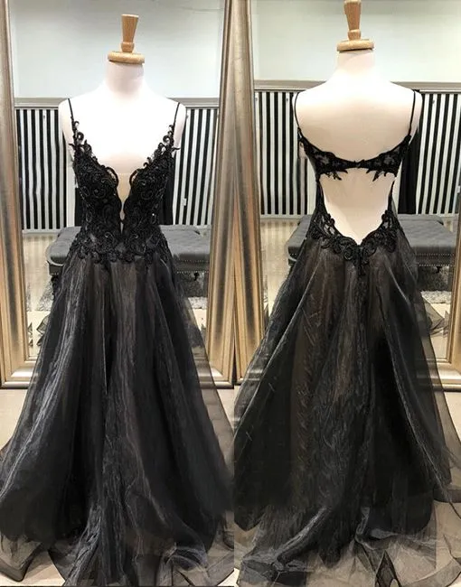 Diynav v neck lace tulle long prom dress, black evening dress HZ1017