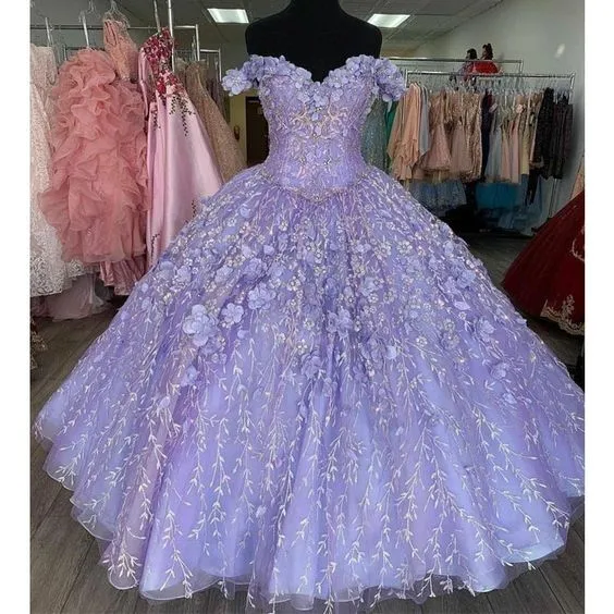 Diynav Lavender 3D Floral Flowers Quinceanera Dresses Off Shoulder Ball Gown Sweet 16 Dress HZ1017
