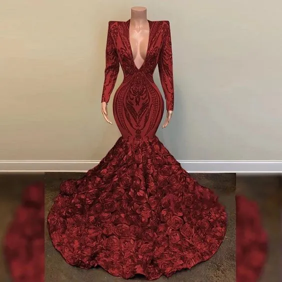 Diynav Prom Dress V Neck Long Sleeves Sequin African Black Girl Mermaid Gala Formal Party Evening Gowns HZ1017