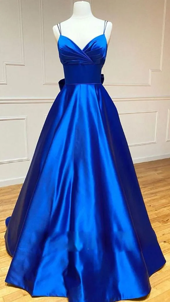 Diynav Satin V Neck Royal Blue Prom Dresses Evening Dresses HZ1017