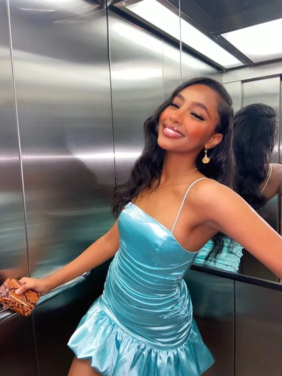 Diynav mint green tight skirt sexy pleated skirt high waist pleated satin dress,short homecoming dress HZ1017