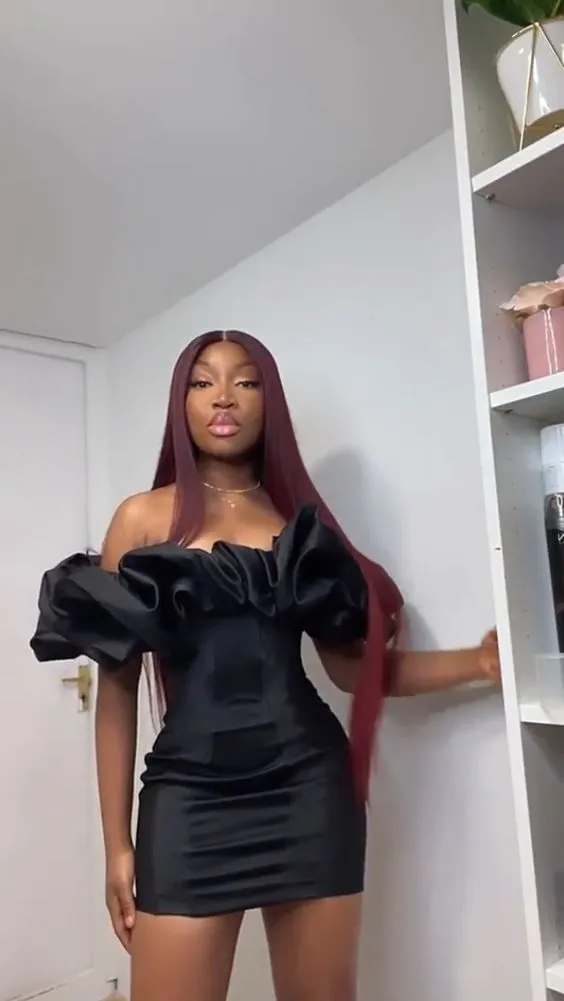 Diynav Women Satin Bodycon Dress Off Shoulder Ruffles Strapless Backless Fairy Princess Mini Dress Black Homecoming Dress HZ1017