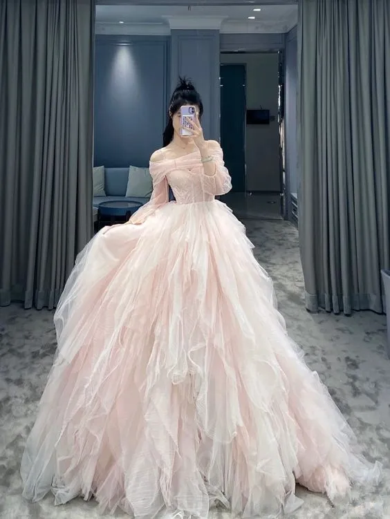 Diynav The Shoulder Pink Tulle Ball Gown,Pink Princess Dress HZ1017