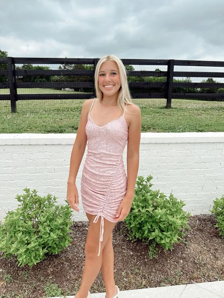 Diynav Pink Sequins Homecoming Dress,Pink Graduation Dress HZ1017