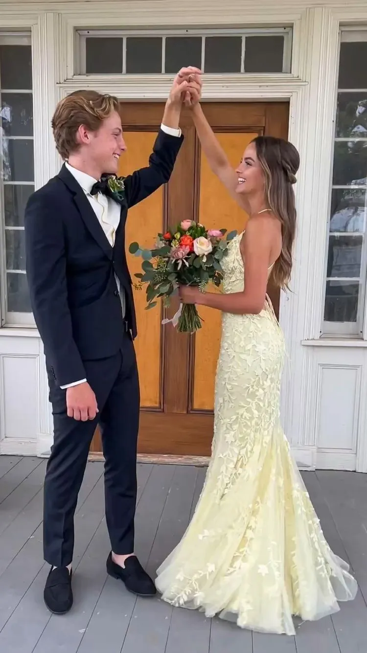 Diynav Yellow Lace Tulle Prom Dress,Yellow Evening Dress HZ1017