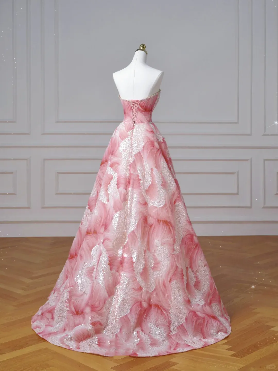 Diynav Pink Strapless Satin Print Sequins Prom Dress Princess Birthday Ball Gown HZ1017 - Image 6