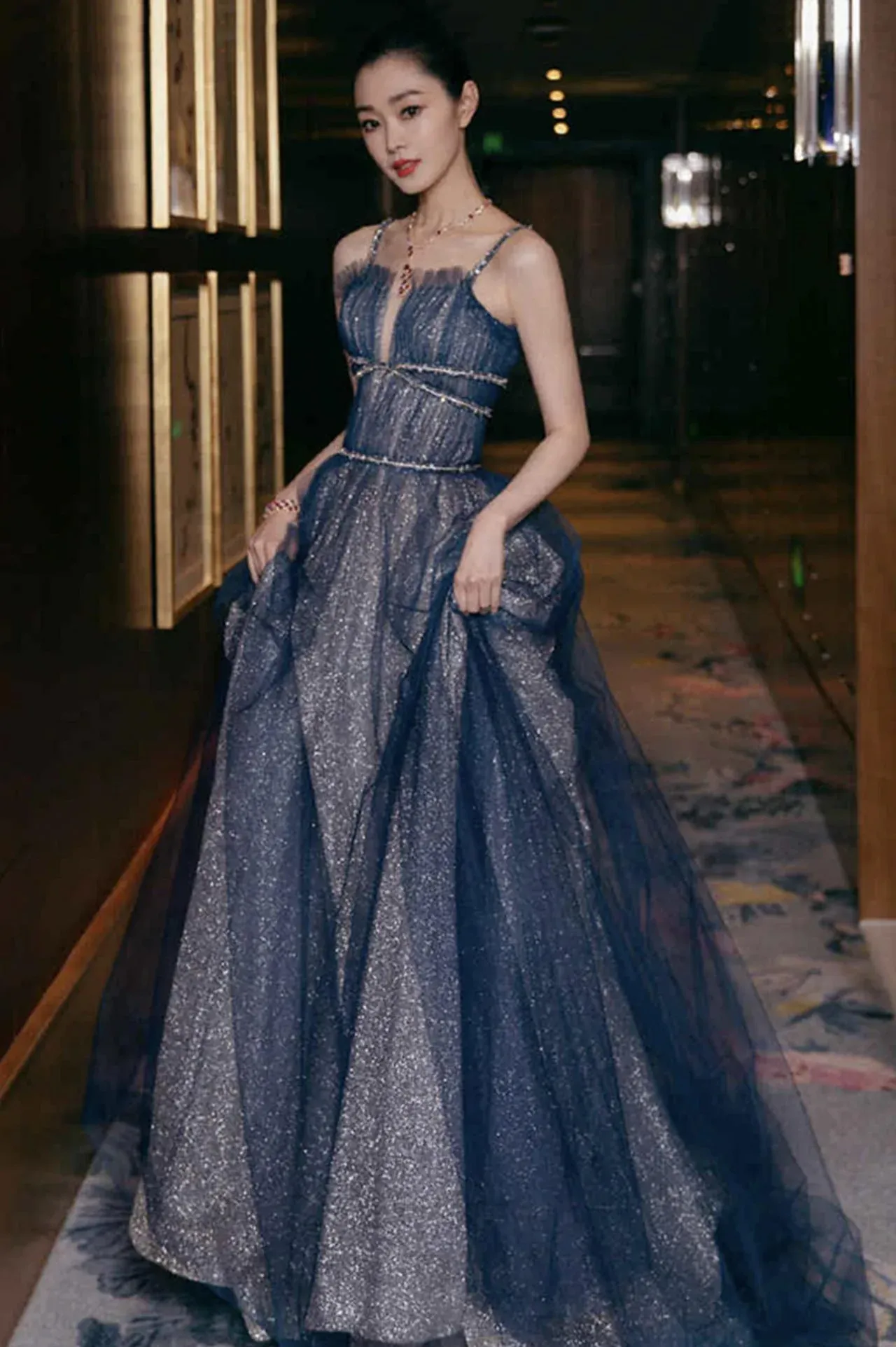 Diynav tulle long A line prom dress blue evening dress HZ1017