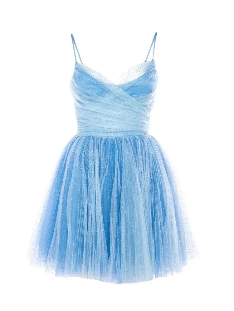 Diynav Blue Spaghetti Straps Homecoming Dress,Blue Tulle Party Dress HZ1017
