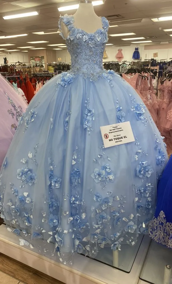 Diynav Tulle Ball Gown With 3D Flowers,Blue Sweet 16 Dress,Blue Princess Dress HZ1017