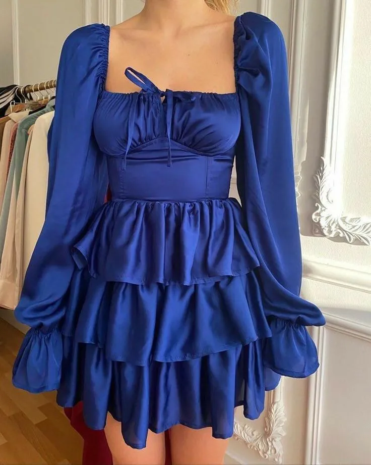 Diynav Blue Square Neckline Homecoming Dress With Long Sleeves Retro Dress HZ1017