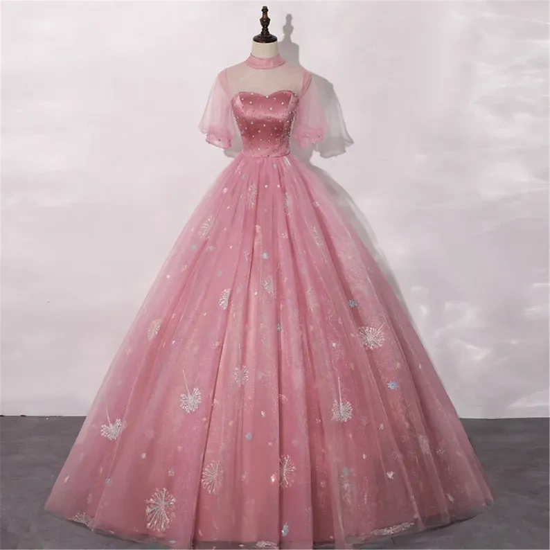 Diynav Pink Quinceanera Dress Masquerade Dress A-Line Wedding Dress Floor Length High Neck Bridal Gown Short Sleeves HZ1017