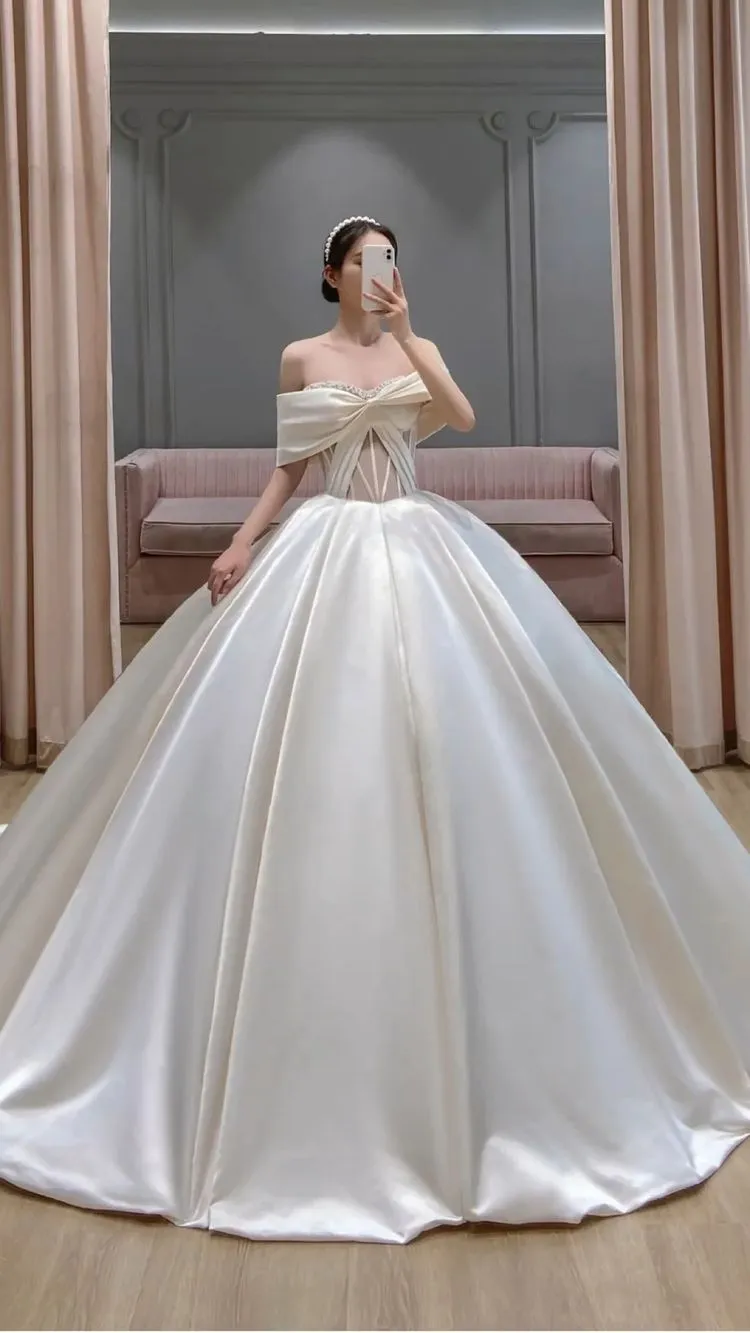 Diynav The Shoulder Satin Wedding Dress Charming Wedding Dress HZ1017