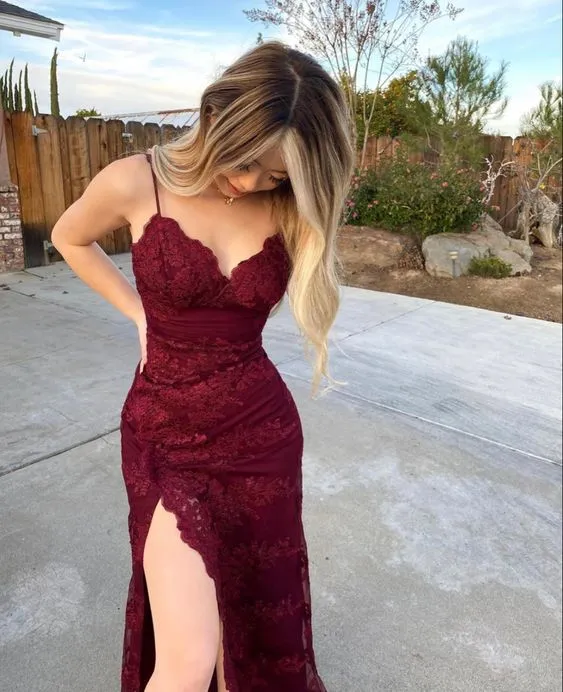 Diynav Mermaid Burgundy Long Lace Evening Dress HZ1017