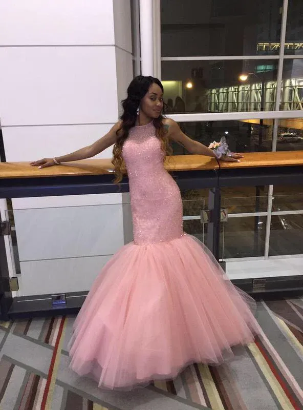 Diynav Mermaid/Trumpet Pink Sleeveless Tulle Evening Dresses HZ1017