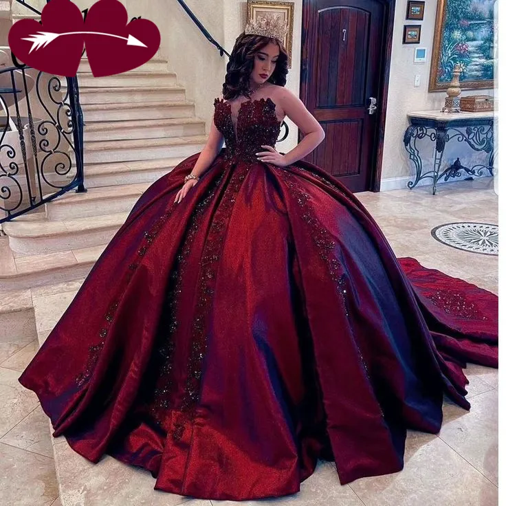 Diynav Burgundy Appliques Beaded Ball Gown A Line Quinceanera Dress HZ1017