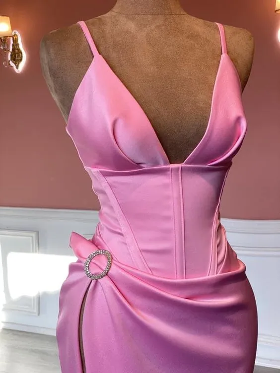 Diynav Pink Sleeveless Spaghetti Straps Evening Dress,Pink Pageant Dress HZ1017