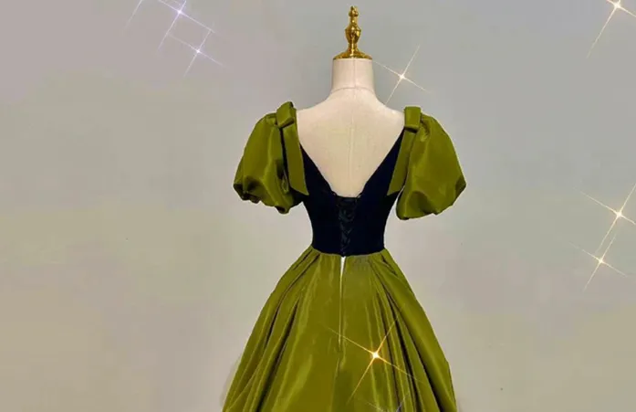 Diynav Green Satin V Neck Puff Sleeves Prom Dress Brithday Ball Gown Party Dress HZ1017 - Image 3