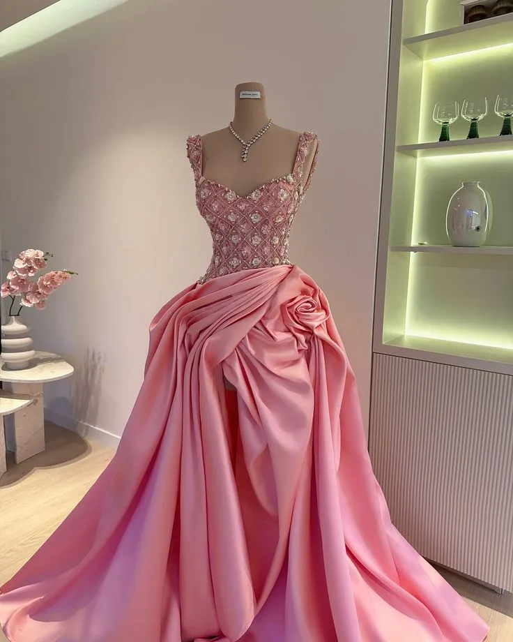 Diynav Pink Beaded Rose Pleated A Line Satin Prom Dress Long Evening Dress Ball Gown HZ1017