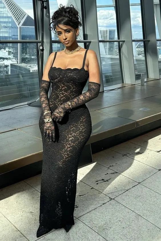 Diynav Lace See Through Women Long Evening Dress Spaghetti Straps Slim Fit Dresses Summer Fashion HZ1017