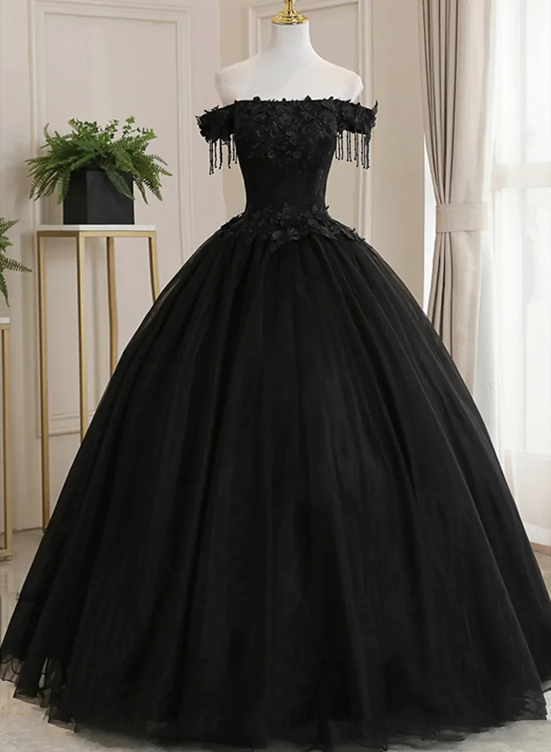 Diynav Off Shoulder Tulle Ball Gown With Lace Sweet 16 Dress, Black Long Evening Dress HZ1017