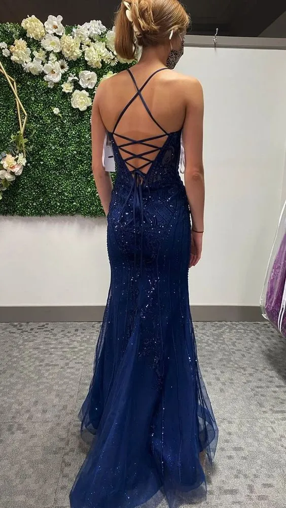 Diynav Mermaid Prom Dress With Lace-up Back Sparkly Evening Dress HZ1017