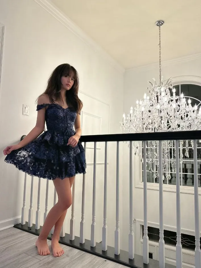 Diynav Blue A-Line Sweetheart Lace Tiered Short Homecoming Dress HZ1017