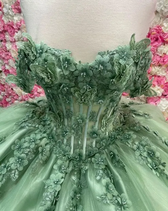 Diynav Sage Green Quinceanera Dresses Butterfly Applique Ball Gown Tulle Sweet 16 Dress A-line Lace Up Luxury Prom Dress HZ1017