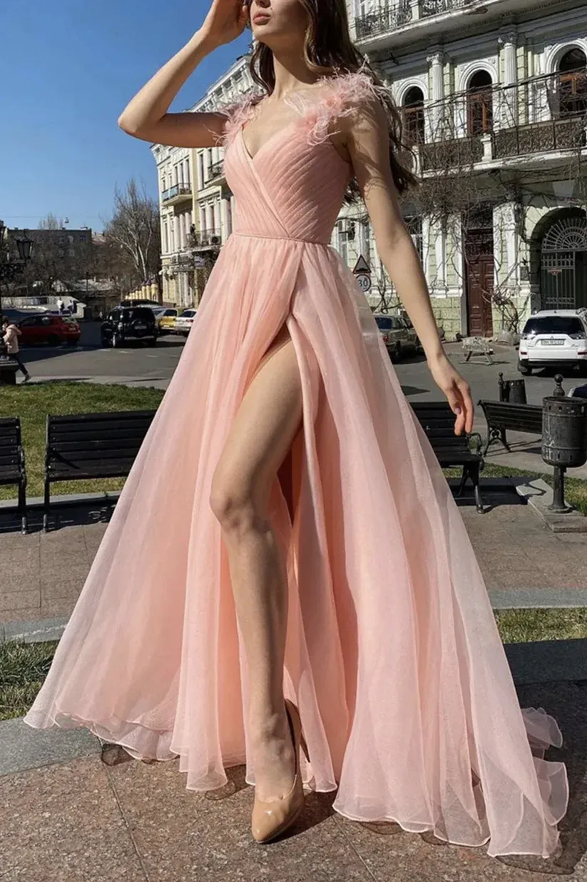 Diynav V Neck Pink Tulle Long Prom Dresses with High Slit, Pink Tulle Formal Graduation Evening Dresses HZ1017