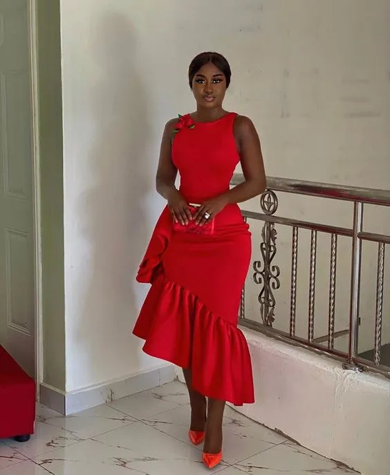 Diynav Women's Red Irregular Ruffled Round Neck Christmas Sleeveless Elegant Party Evening Dress HZ1017